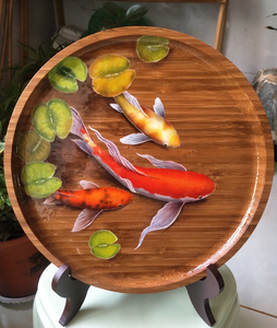 纯手绘 竹子木盘圆盘果盘,连年有余,锦鲤图