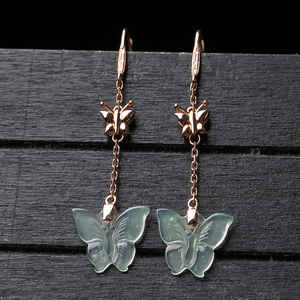 天然翡翠耳环正品缅甸a货翡翠冰种蝴蝶镶嵌18k金伴钻耳环278克