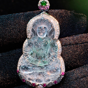 18k真金真钻镶嵌正品缅甸纯天然a货翡翠老坑起胶感高冰度母吊坠