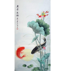 纯手绘真迹国画成品工笔画荷花鱼三尺竖幅工笔花鸟画画芯未装裱国