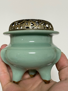 苏山风格青瓷香炉 溪山 藏六 平安宗光 作 昭和早期 日本香
