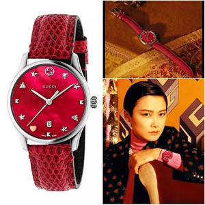 gucci古奇手表女ya1264041樱桃红珍珠贝母李宇春时