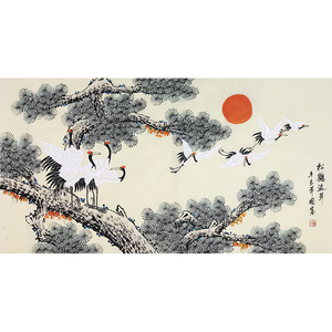 00天脊书画淘宝松鹤延年国画横幅画 丝绸画卷轴画 客厅装饰画国画挂