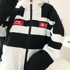 秋冬情侣款连帽棉服中国李宁刺绣黑白拼接棉衣外套大码宽松