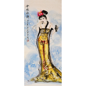 王月明《含娇依醉》手绘风水工笔写意古代仕女美女人物挂画拍卖