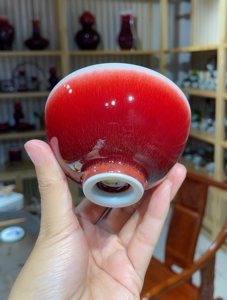 独一窑郎红鸡心杯 非晓芳窑