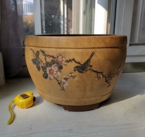 60-70年代正文革徐乐平制红雨刻老紫砂花鸟大鼓盆