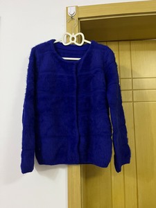 韩国代购小香风针织外套宝蓝色毛衣开衫兔毛毛衣