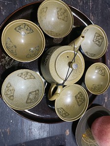 #茶具  吉州窑土釉配方茶器套装，剪纸贴花吉言祥文工艺茶具，