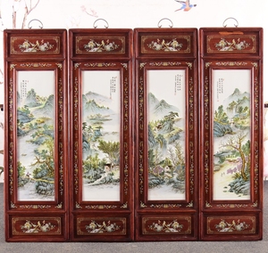 红木彩绘花纹框镶嵌粉彩手绘山水瓷板画《溪山烟云》四扇挂屏挂画