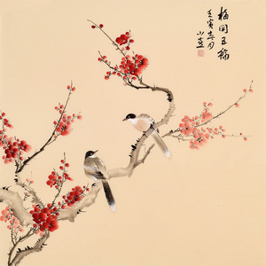 皇甫宜喜《梅开五福》手绘梅花喜鹊真迹字画玄关花鸟客厅书房挂画