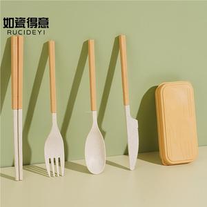 小学生餐具套装日式小麦秸秆刀叉勺筷子三件套便携式外带收纳盒子