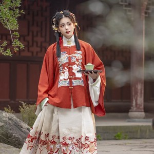明制汉服方领对襟大袖短袄兔年红色补服照月眠3.0春