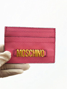 [99新未使用品]MOSCHINO莫斯奇诺卡包粉色金属荔枝纹牛皮证件包