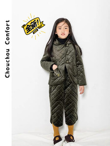 树坊童装 冬款儿童绿色棉衣套装外套儿童女韩版圆角保暖加棉加厚
