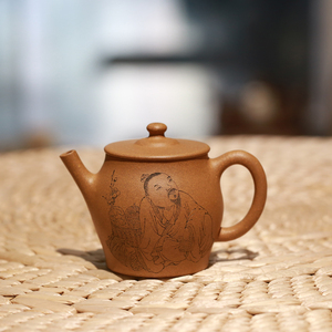 宜兴陶刻绘人物名家张重庆宋式文人气小品紫砂茶壶原矿黄段泥收藏