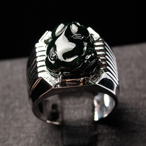 缅甸正品天然透光翡翠貔貅戒指男戒18k金镶玉墨翠镶嵌钻石11.31g