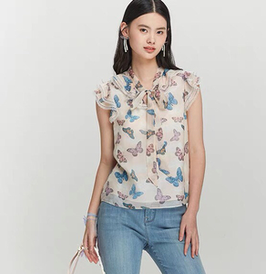 雅莹doublove贝爱春夏新款浪漫法式风飘带桑蚕丝蝴蝶印花