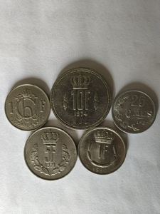 卢森堡硬币一套5枚(10法郎,5法郎,1法郎,1法郎,25分