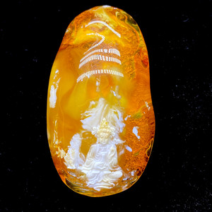 天然俄料琥珀蜜蜡观音吊坠挂件雕刻精品方牌林峰大师作品料金瓷白