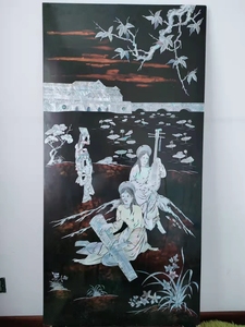 日本回流~难得的大尺寸日本回流黑漆画螺钿贝雕人物美女挂屏挂画