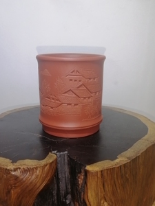 【放漏】紫砂大红袍雕刻忆江南直筒杯,管庆飞制,纯手工制杯,雕