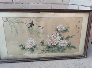 工笔画大师吴竹云绢本画燕子迎春一副,老框原裱,品相如图
