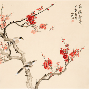 新品 皇甫宜喜《红梅报喜》手绘国画真迹装饰字画收藏