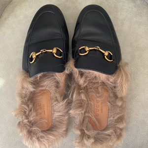 gucci古驰 黑色毛毛拖鞋 古驰黑皮拖鞋