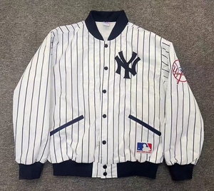 正品mlb纽约洋基队经典竖条纹复古夹棉棒球服夹克