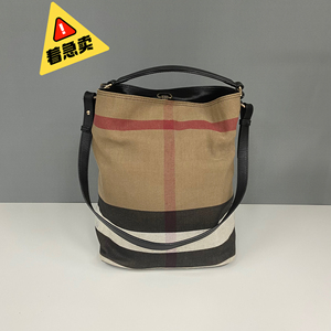 burberry巴宝莉经典格纹帆布拼黑色牛皮水桶子母包 中号