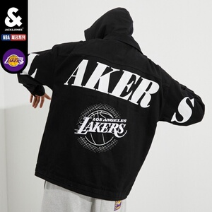 杰克琼斯湖人球队连帽牛仔夹克外套黑色牛仔外套nba联名湖人队