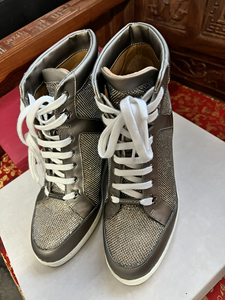 jimmychoo经典银色亮片女鞋,内增高坡跟,高帮系带,3kingluo1211980