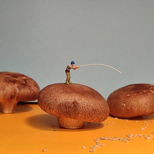 人偶preiser钓鱼男子香菇上的垂钓者微距摄影小人微拍人物