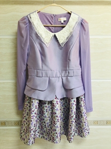 珈姿莱尔香芋紫娃娃领长袖连衣裙蕾丝领网纱袖拼接套裙M码，16