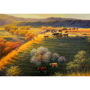 朝鲜油画 黄东南《牛牧之秋》布面手绘牛风景油彩拍卖 客厅挂画