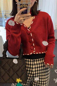 秋冬小众设计手工线高腰针织衫女红外套短款bm上衣V领毛衣开衫