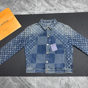 lv nigo2满印logo格子牛仔外套 藏青蓝 尺码:50