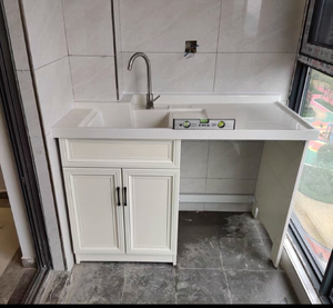 重庆定制洗衣机柜阳台组合太空铝洗衣池台槽盆带搓板面伴侣一体柜