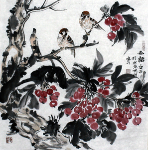 张明河保真手绘真迹 名人字画拍卖《私语》麻雀山楂树红果树d72