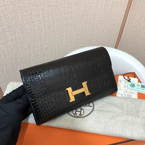 99新hermes爱马仕constance康康黑色金扣亮面方块鳄鱼钱包手拿包