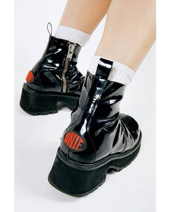 unif 美国代购黑色亮面漆皮橡胶字母拉链圆头机车靴厚底短靴