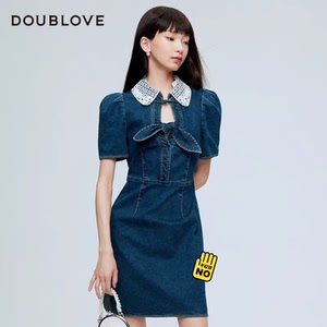 雅莹贝爱早秋新款复古蕾丝领镂空蝴蝶结装饰牛仔连衣裙3/4码