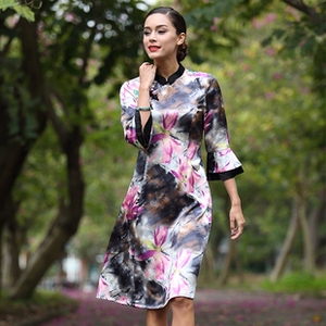 兰莲瓣*白领公寓娘子写真丝桑蚕丝七分袖改良旗袍裙