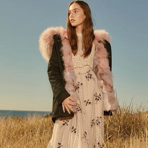 澳洲ozlana派克服女派克大衣 黑色 粉色冰淇淋狐狸毛个人