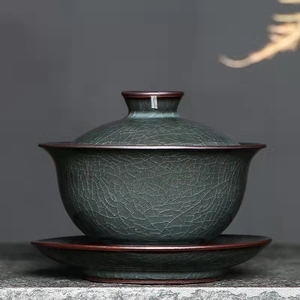 林孝龙青瓷三才盖碗茶杯大号单个龙泉窑哥窑铁胎冰裂手工功夫茶具