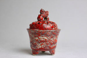 箕面烧 松田箕山 作 狮子摘 唐草盖 香炉