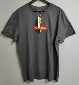 supreme男休闲短袖t恤衫灰色纯棉宽松圆领短袖上衣