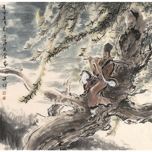 许辉《月下高士图》写意手绘人物吹笛风景四尺斗方国画原稿拍卖