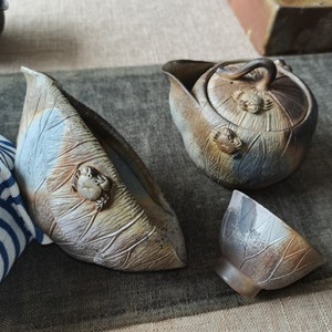 备前烧 小西陶古 宝瓶公道杯子一套 荷叶螃蟹